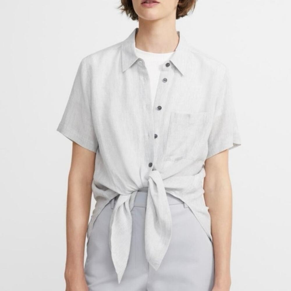 Theory Hekanina Light Linen Weave Tie Front Button Down Collared Blouse Small